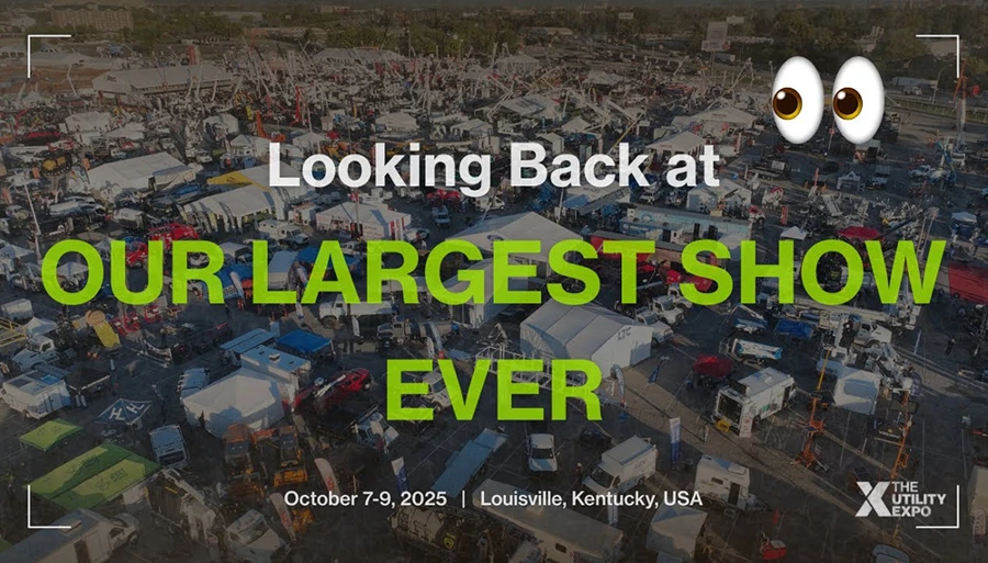 The Utility Expo drone overview outside with logo