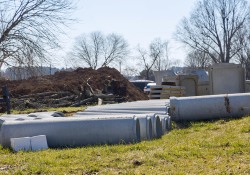 Main road drainage system under construction on concrete manholes are installed at constructed for draining stormwater