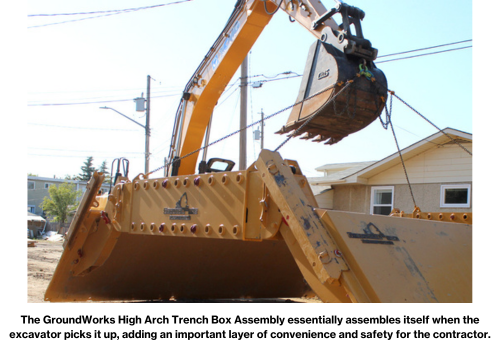 The GroundWorks High Arch Trench Box Assembly essentially assembles itself when the excavator picks it up, adding an important layer of convenience and safety for the contractor.